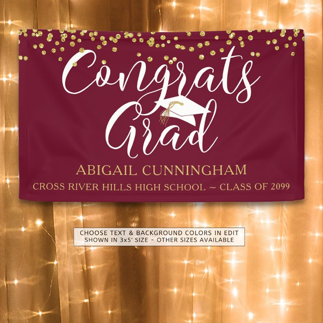 Gold Confetti Script CONGRATS GRAD Maroon and Gold Banner (Creator Uploaded)