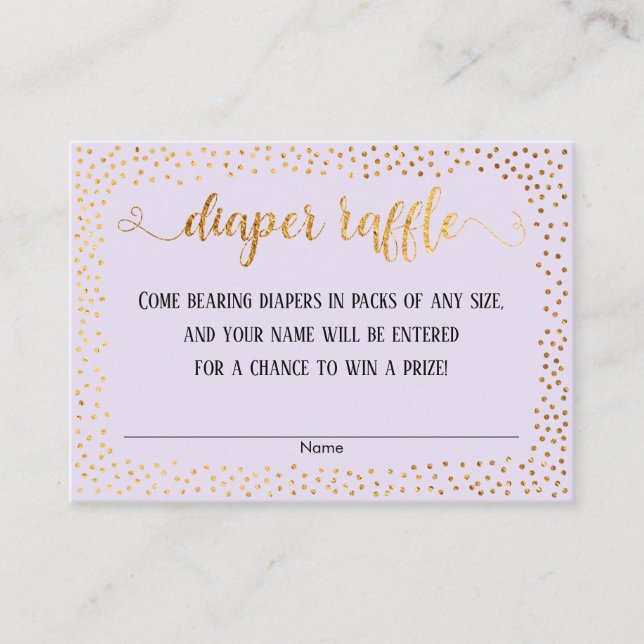 Gold Confetti, Script Lavender Diaper Raffle Cards (Front)