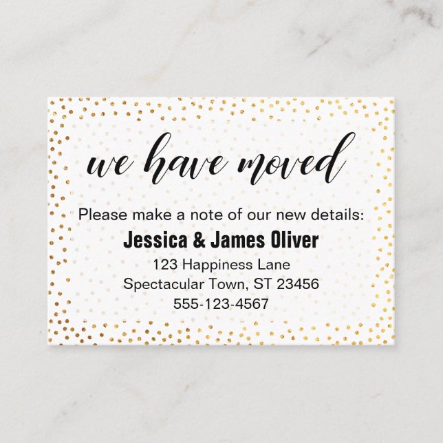 Gold Confetti & Script We Have Moved Handout Card (Front)