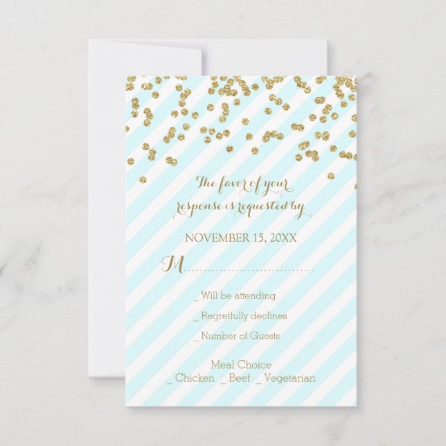 Gold Confetti Sky Blue Stripes Mariage RSVP (Devant)