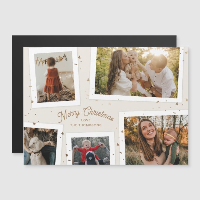 Gold Confetti Souvenirs Noël Photo Magnet (Devant / Derrière)