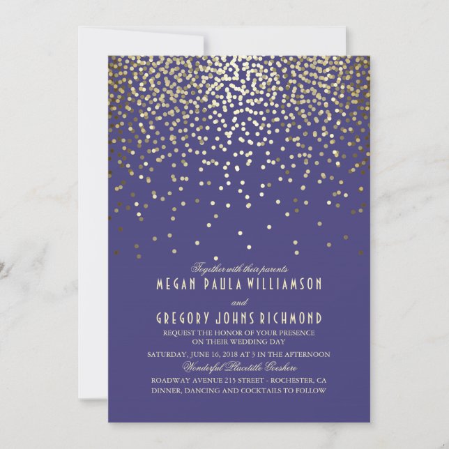 Gold Confetti - Starry Lights Navy Wedding Invitation (Front)
