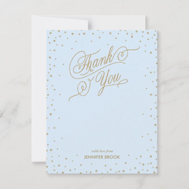 Gold Confetti Stars Blue Thank You Card (Front)