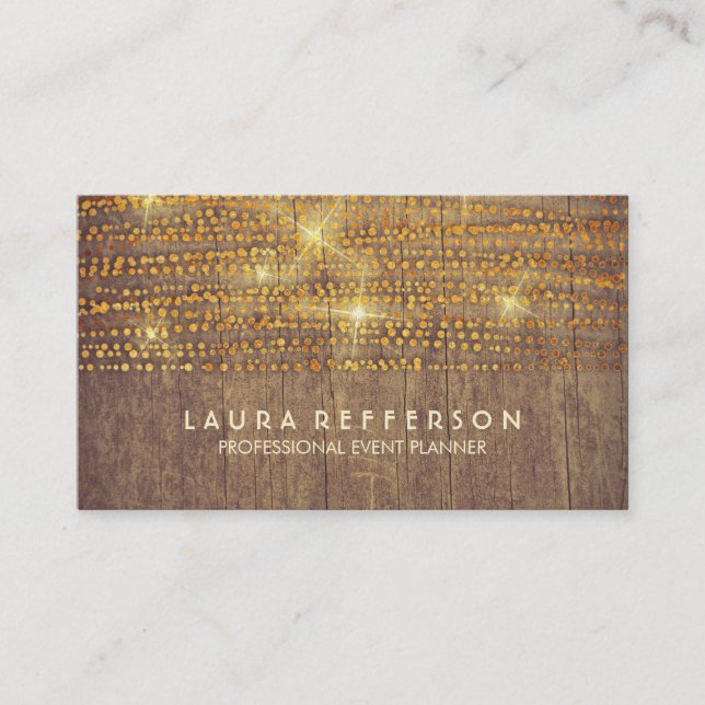 Gold Confetti String Lights Rustic Country Business Card (Front)