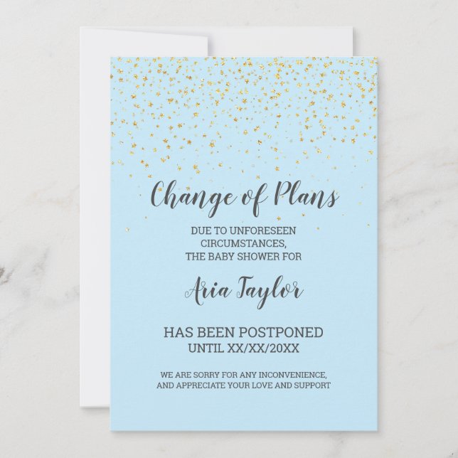 Gold Confetti sur Blue Change Plans Faire-part (Devant)