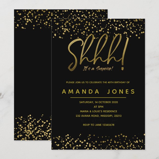 Gold Confetti Surprise Invitation de fête d'annive (Devant / Derrière)