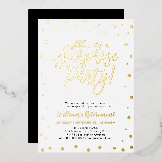 Gold Confetti Surprise Retirement Party Foil Invit (Front/Back)