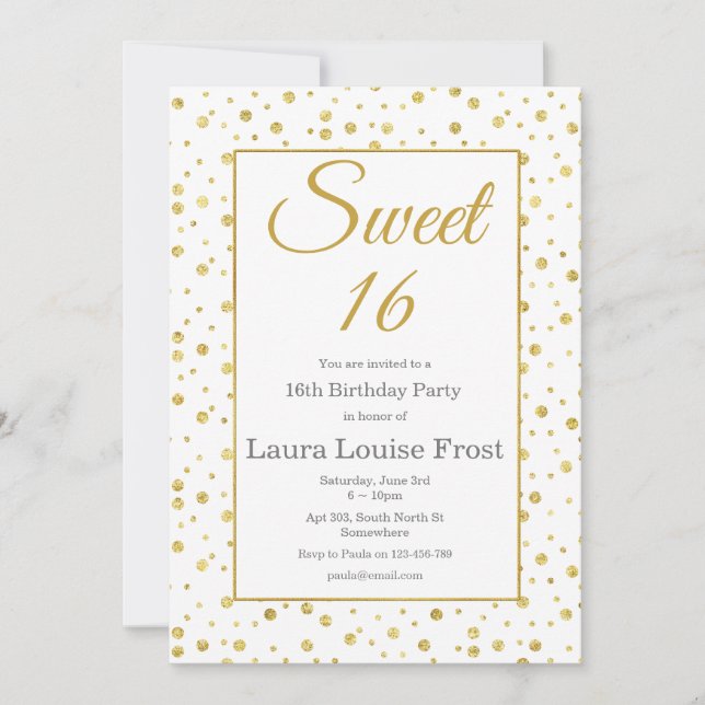 Gold Confetti Sweet 16 Anniversaire Invitation (Devant)