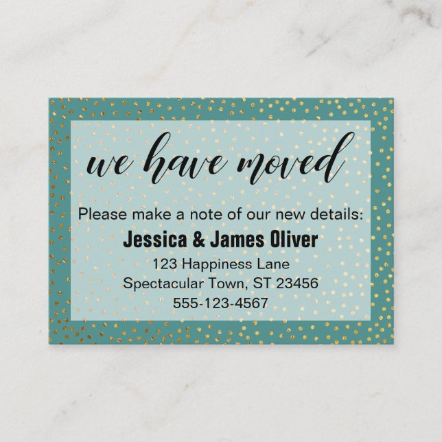 Gold Confetti & Teal We Have Moved Handout Card (Front)