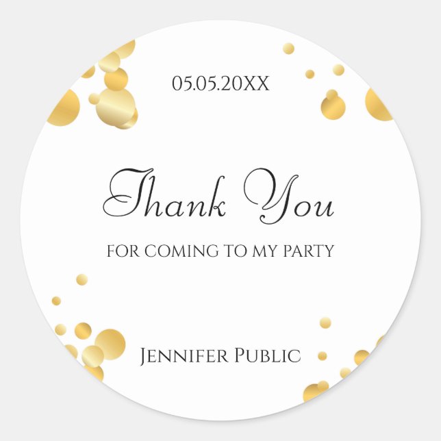 Gold Confetti Template Thank You Script Elegant Classic Round Sticker (Front)