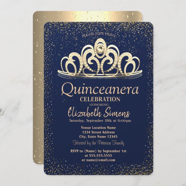 Gold Confetti Tiara Navy Blue Quinceañera   Invitation (Front/Back)