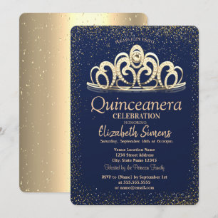 Gold Confetti Tiara Navy Blue Quinceañera   Invitation