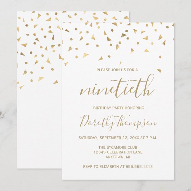 Gold Confetti Triangles 90th Birthday Party Invitation (Front/Back)