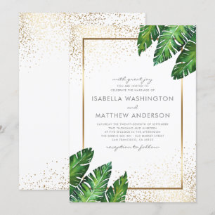 Gold Confetti & Tropical Palm Leaves Wedding Invitation