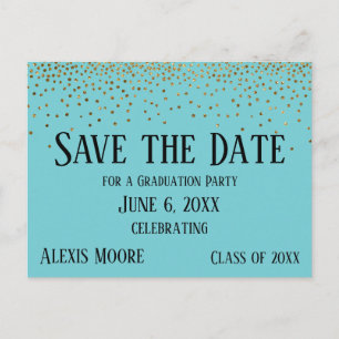 Gold Confetti Turquoise Graduation Save the Date Postcard