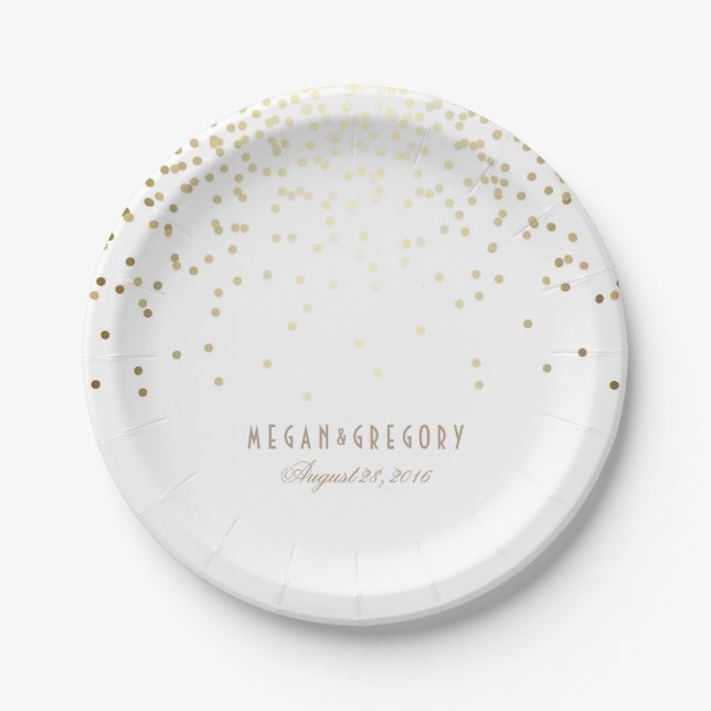 Gold Confetti White Elegant Glitter Wedding Paper Plate (Front)
