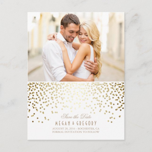 Gold Confetti White Elegant Photo Save the Date Announcement Postcard (Front)