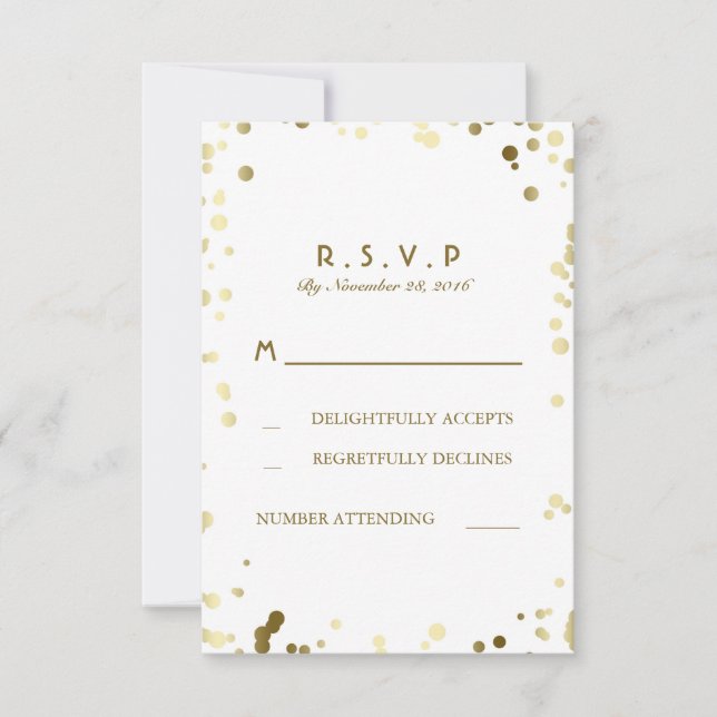 Gold Confetti White Elegant Wedding RSVP Cards (Front)