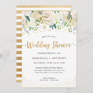 Gold Confetti + White Floral Couples Invitation