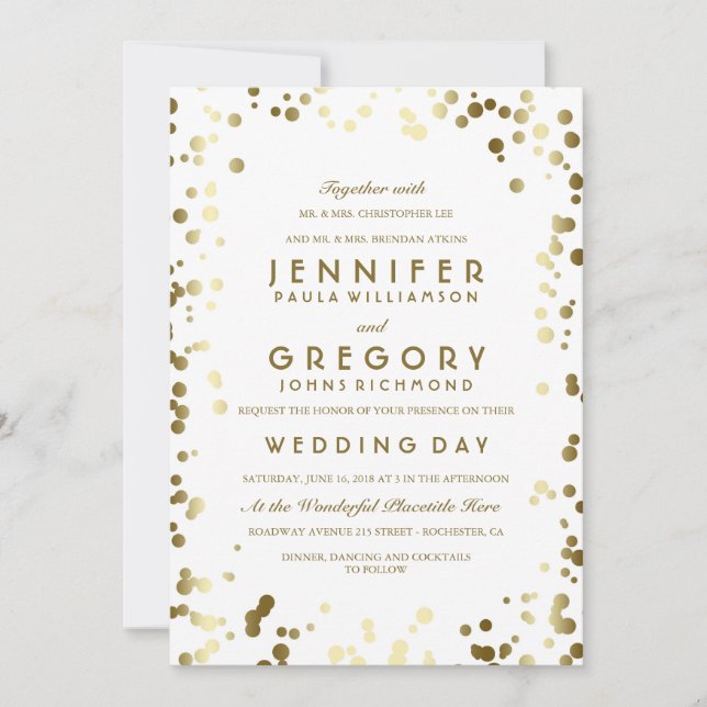 Gold Confetti White Modern and Elegant Wedding Invitation (Front)