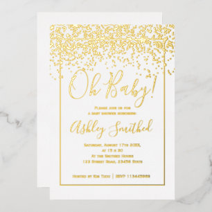 gold confetti white typography baby shower