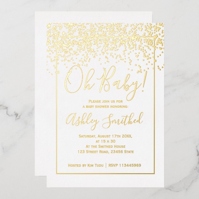 gold confetti white typography baby shower (Front/Back)