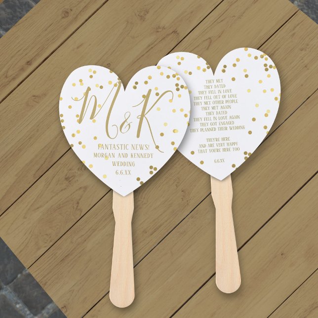 Gold Confetti White Wedding Program Hand Fans (A beautiful love story - add yours)