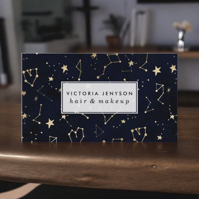 Gold constellation heart star navy blue watercolor business card (Gold constellation heart star navy blue watercolor business card)