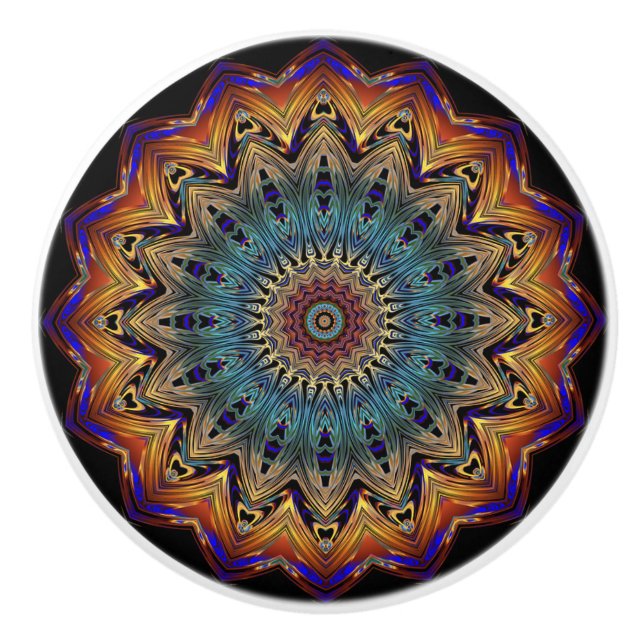 Gold, Copper, Blue Mandala Patterned Knob (Front)