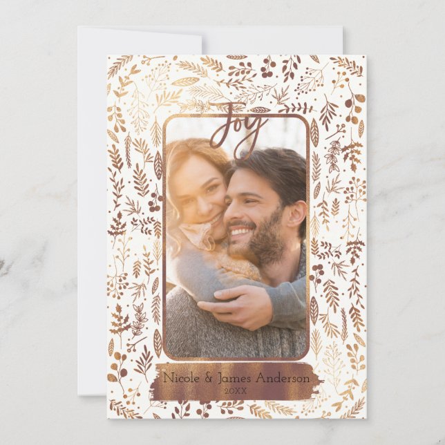 Gold Copper Botanical Modern Glam Holiday Photo Card (Front)