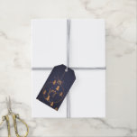 Gold Copper Christmas Decor and Trees on Dark Navy Gift Tags<br><div class="desc">Elegant chic winter seasonal dark midnight blue,  metallic copper,  sage green and light grey gift tag featuring a big Christmas tree globe decoration,  hand painted pine trees and "joy" trendy calligraphy script.</div>