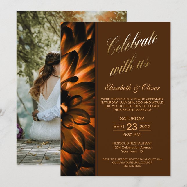 Gold Copper Floral Photo Wedding Reception Invitation (Front/Back)