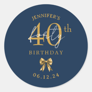 Gold Coquette Bow 40th Birthday Party Navy Classic Round Sticker