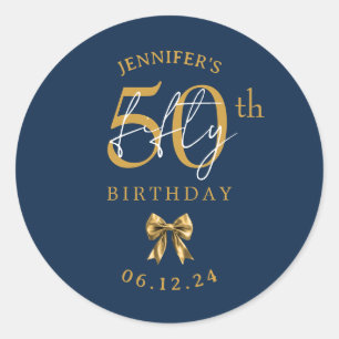 Gold Coquette Bow 50th Birthday Party Navy Blue Classic Round Sticker