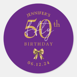 Gold Coquette Bow 50th Birthday Party Purple Classic Round Sticker