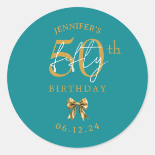 Gold Coquette Bow 50th Birthday Party Turquoise Classic Round Sticker