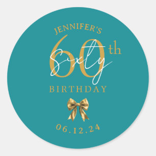 Gold Coquette Bow 60th Birthday Party Turquoise  Classic Round Sticker