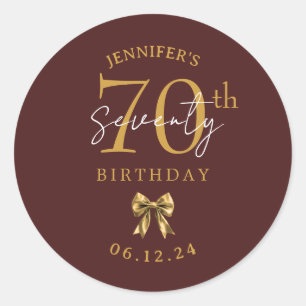Gold Coquette Bow 70th Birthday Party Burgundy Classic Round Sticker