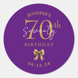 Gold Coquette Bow 70th Birthday Party Purple  Classic Round Sticker