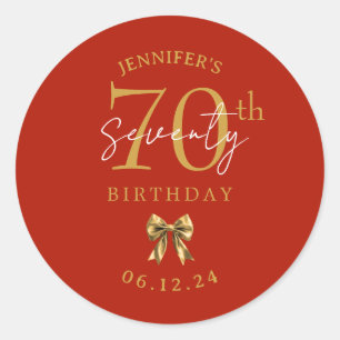 Gold Coquette Bow 70th Birthday Party Red Classic Round Sticker