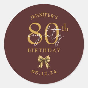 Gold Coquette Bow 80th Birthday Party Burgundy Classic Round Sticker