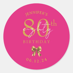 Gold Coquette Bow 80th Birthday Party Hot Pink Classic Round Sticker