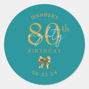 Gold Coquette Bow 80th Birthday Party Turquoise  Classic Round Sticker
