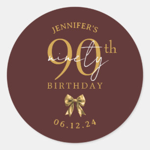 Gold Coquette Bow 90th Birthday Party Burgundy Classic Round Sticker