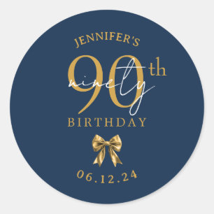 Gold Coquette Bow 90th Birthday Party Navy Blue  Classic Round Sticker