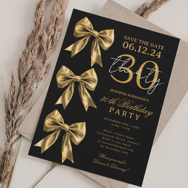 Gold Coquette Bow Save Date 30th Birthday Black Invitation (Creator Uploaded)