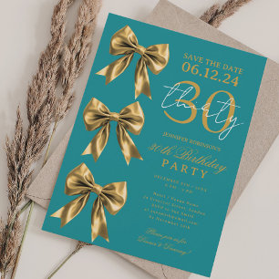 Gold Coquette Bow Save Date 30th Birthday Teal Invitation