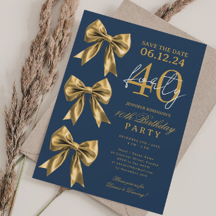 Gold Coquette Bow Save Date 40th Birthday Navy Blu Invitation