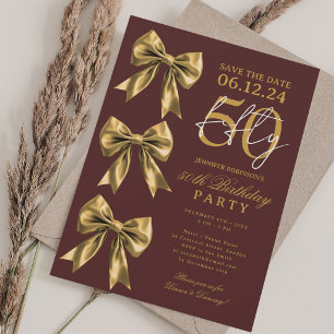 Gold Coquette Bow Save Date 50th Birthday Burgundy Invitation