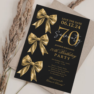 Gold Coquette Bow Save Date 70th Birthday Black Invitation